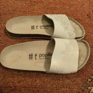 Papillio Birkenstock white sandals with gold metallic detail